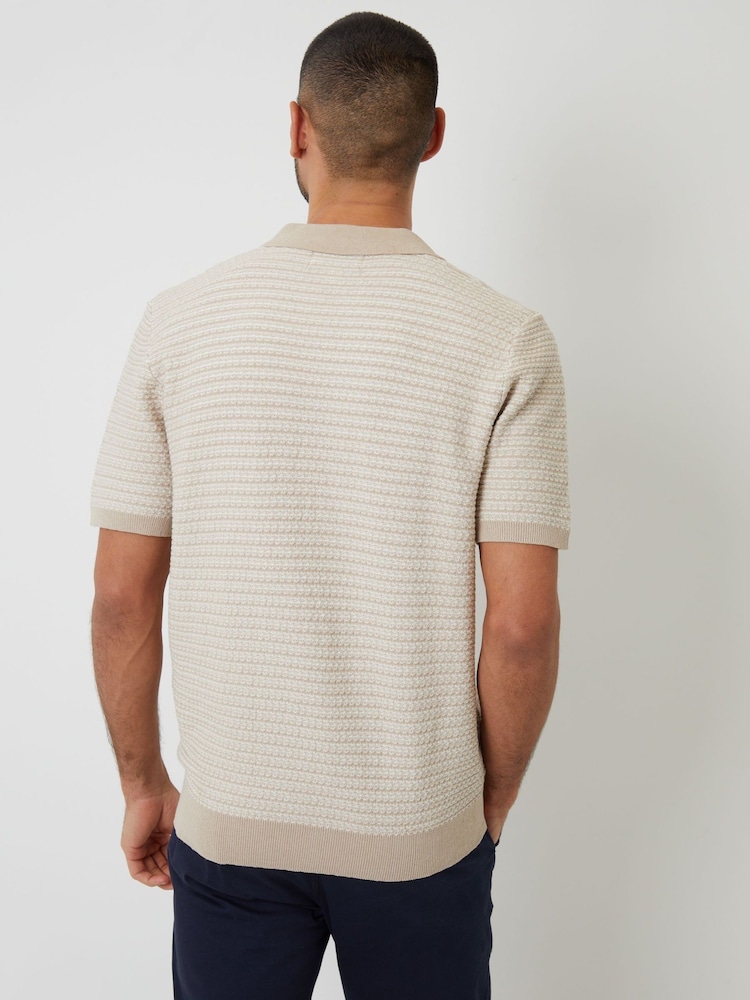 Threadbare Brown Textured Stripe Trophy Neck Knitted Polo Shirt - Image 2 of 4