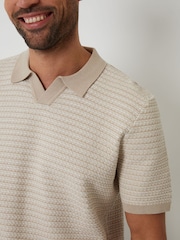 Threadbare Brown Textured Stripe Trophy Neck Knitted Polo Shirt - Image 4 of 4