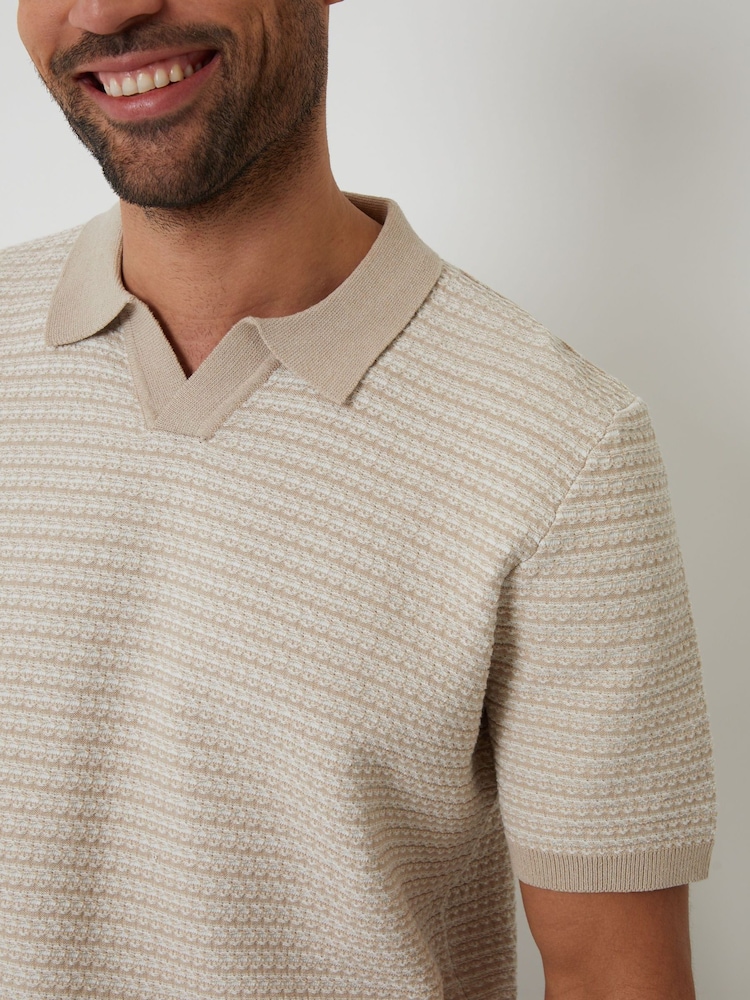 Threadbare Brown Textured Stripe Trophy Neck Knitted Polo Shirt - Image 4 of 4