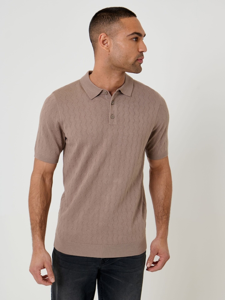 Marrón - Threadbare Zig Zag Stitch Knitted Polo Shirt - Imagen 1 de 5