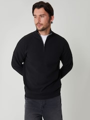 Threadbare Black Waffle Knit Raglan Quarter Zip Jumper - Image 1 of 5