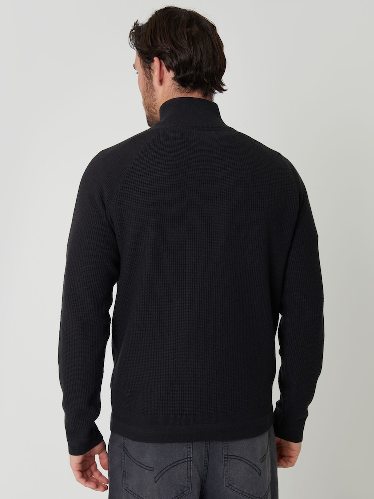 Threadbare Black Waffle Knit Raglan Quarter Zip Jumper - Image 2 of 5