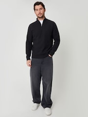 Threadbare Black Waffle Knit Raglan Quarter Zip Jumper - Image 3 of 5