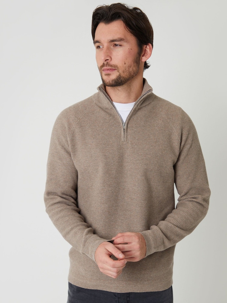 Threadbare Brown Waffle Knit Raglan Quarter Zip Jumper - Image 1 of 5