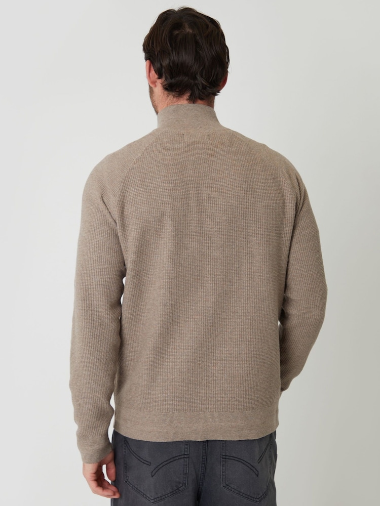 Threadbare Brown Waffle Knit Raglan Quarter Zip Jumper - Image 2 of 5