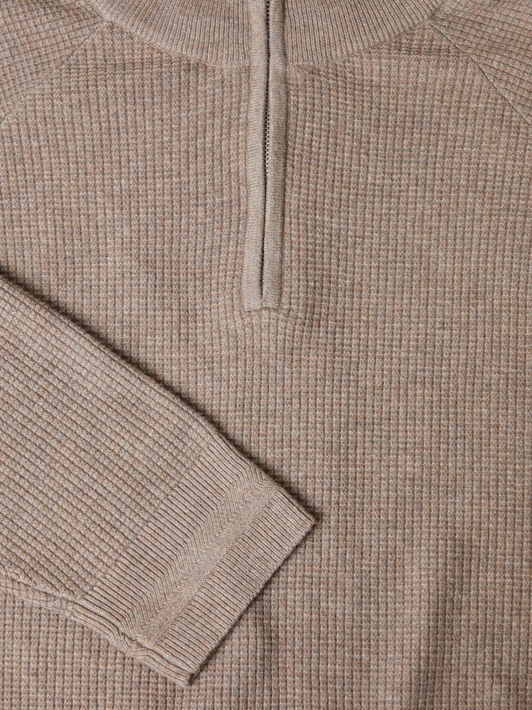 Threadbare Brown Waffle Knit Raglan Quarter Zip Jumper - Image 5 of 5