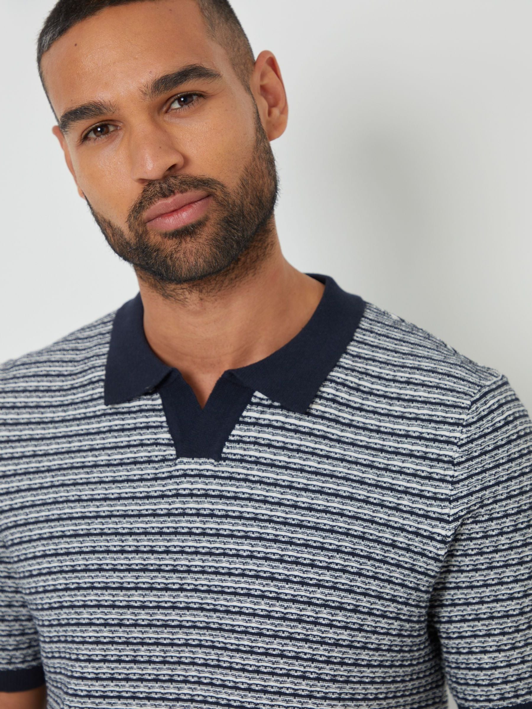 Buy Threadbare Blue Textured Stripe Trophy Neck Knitted Polo Shirt