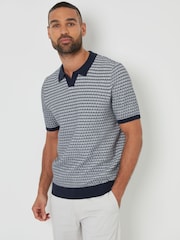 Threadbare Blue Textured Stripe Trophy Neck Knitted Polo Shirt - Image 1 of 4