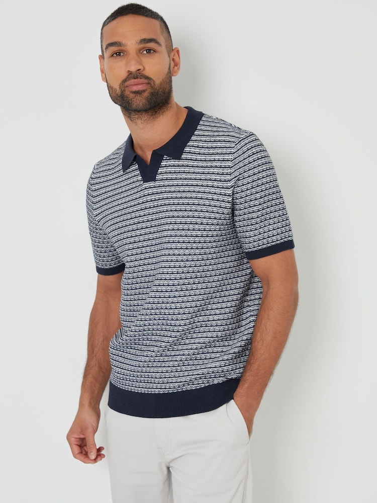 Threadbare Blue Textured Stripe Trophy Neck Knitted Polo Shirt - Image 1 of 4