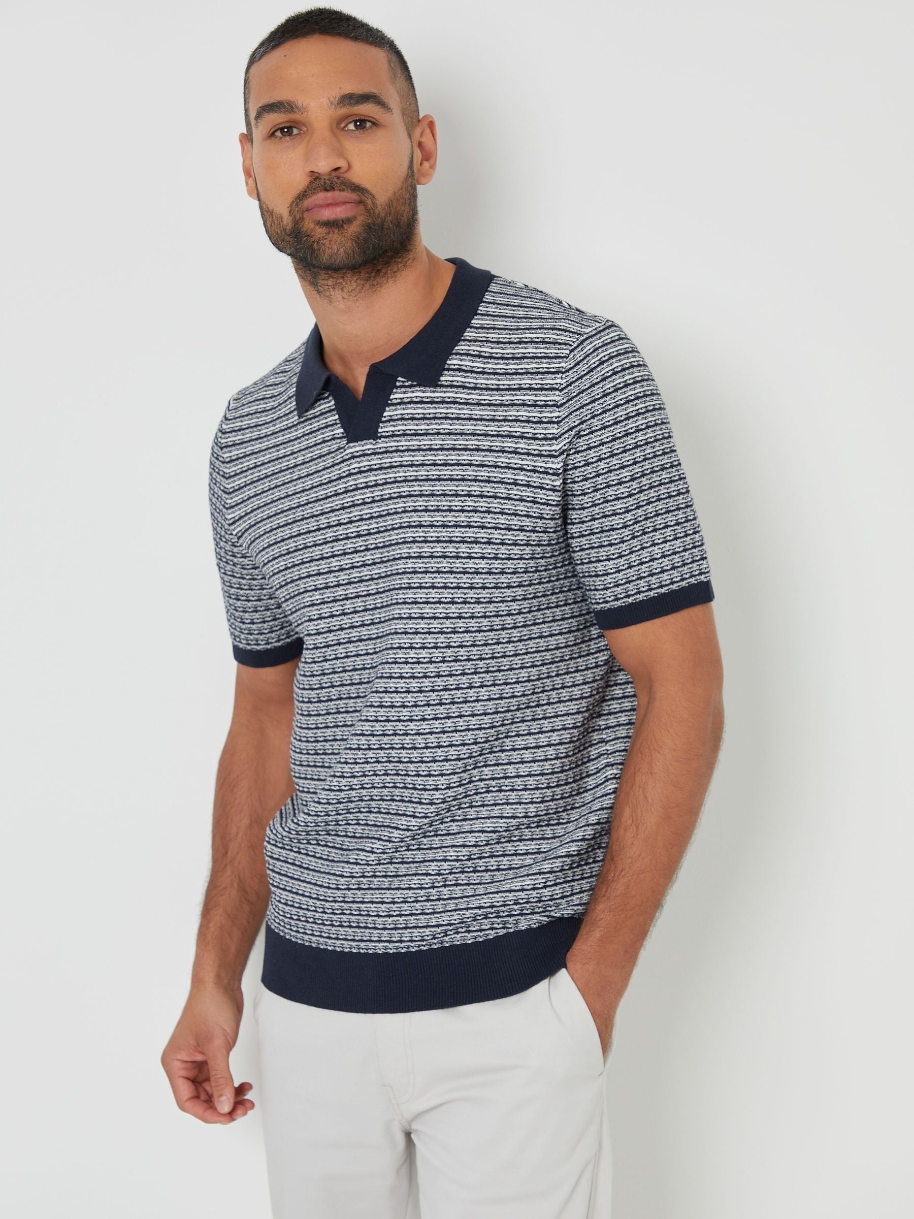 トップス TROPHY CLOTHING Broad Stitch Knit Polo40 Buy Threadbare Blue Textured Stripe Trophy Neck Knitted Polo Shirt