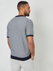 Threadbare Blue Textured Stripe Trophy Neck Knitted Polo Shirt - Image 2 of 4