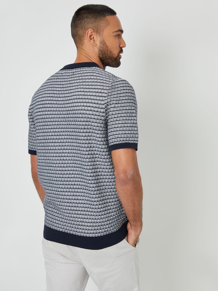 Threadbare Blue Textured Stripe Trophy Neck Knitted Polo Shirt - Image 2 of 4