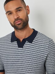 Threadbare Blue Textured Stripe Trophy Neck Knitted Polo Shirt - Image 3 of 4