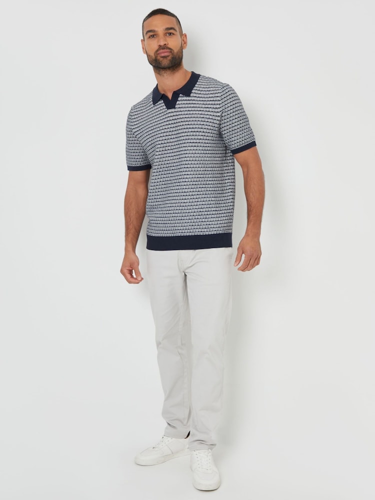 Threadbare Blue Textured Stripe Trophy Neck Knitted Polo Shirt - Image 4 of 4