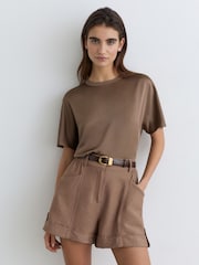 Reiss Taupe Brown Lena Silk Short-Sleeve Top - Image 1 of 6
