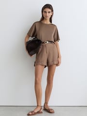 Reiss Taupe Brown Lena Silk Short-Sleeve Top - Image 4 of 6