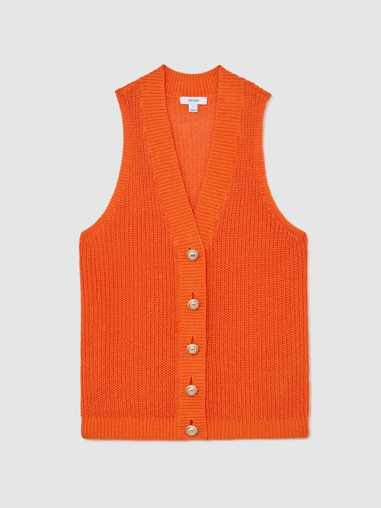 Reiss Orange Robin Linen Button-Through Knitted Waistcoat - Image 2 of 7