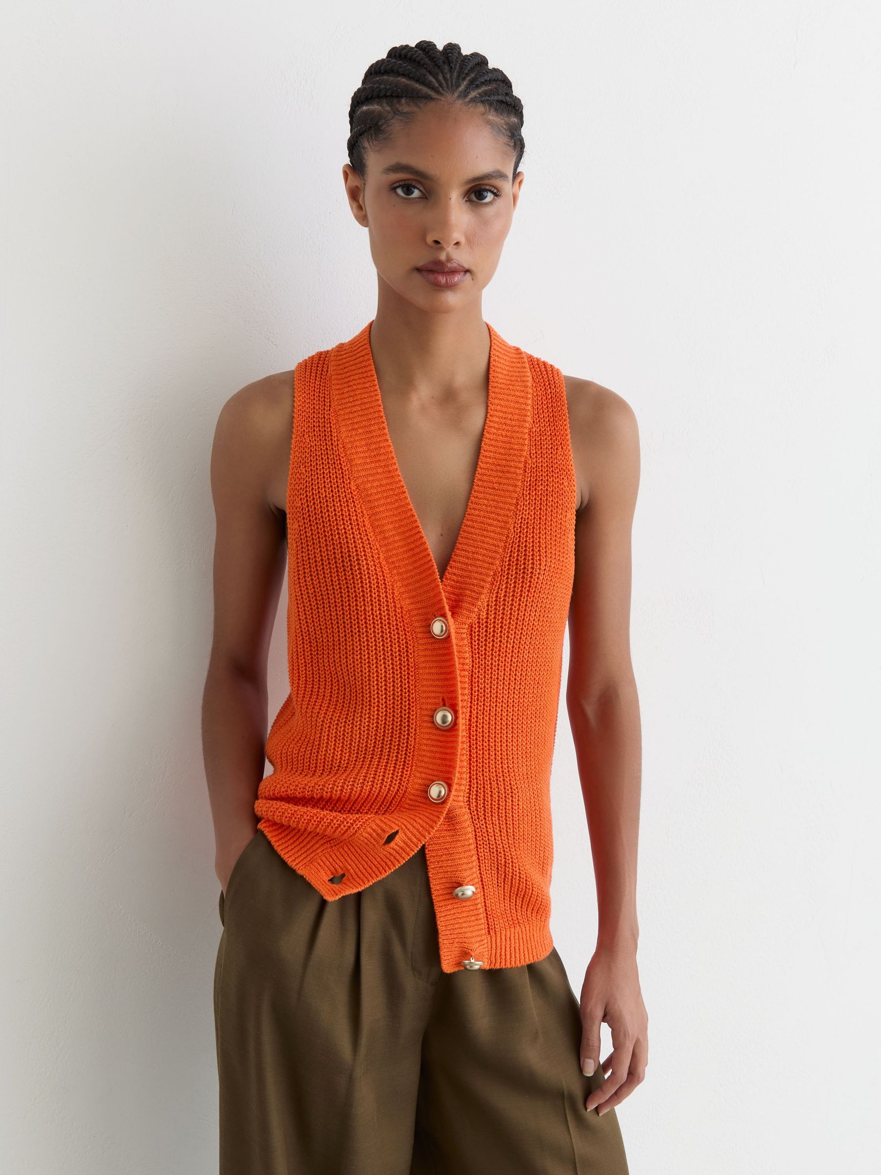 Buy Reiss Orange Robin Linen Button-Through Knitted Waistcoat from