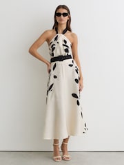 Reiss Ivory/Black Libby Jacquard Printed Halterneck Midi Dress - Image 1 of 7
