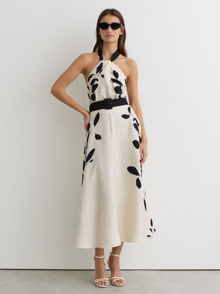 Reiss Ivory/Black Libby Jacquard Printed Halterneck Midi Dress - Image 1 of 7