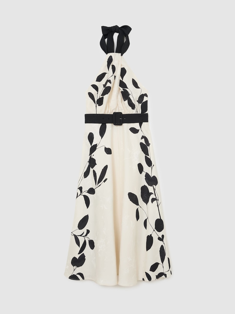 Reiss Ivory/Black Libby Jacquard Printed Halterneck Midi Dress - Image 2 of 7