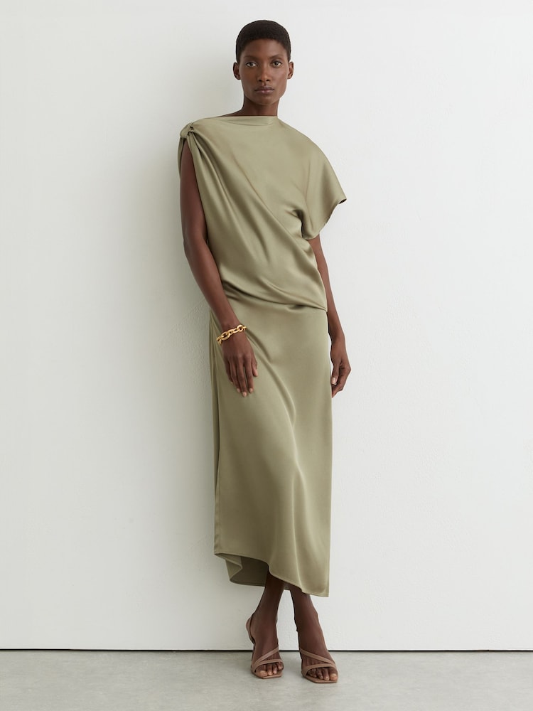 Reiss Khaki Green Kenzie Satin Asymmetric Draped Midi Dress - Image 1 of 6