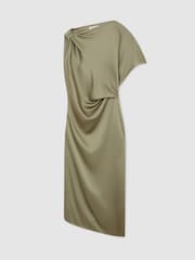 Reiss Khaki Green Kenzie Satin Asymmetric Draped Midi Dress - Image 2 of 6