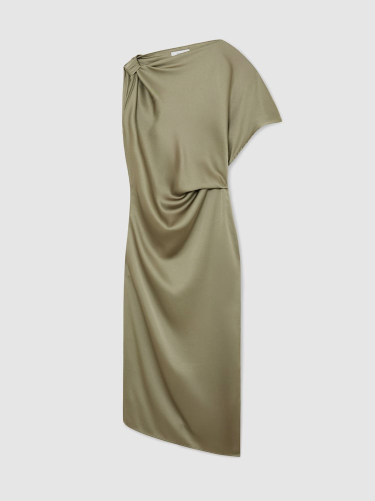 Reiss Khaki Green Kenzie Satin Asymmetric Draped Midi Dress - Image 2 of 6