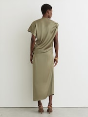 Reiss Khaki Green Kenzie Satin Asymmetric Draped Midi Dress - Image 5 of 6