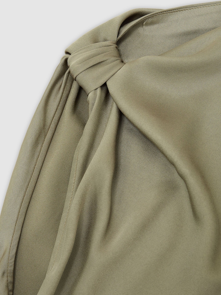 Reiss Khaki Green Kenzie Satin Asymmetric Draped Midi Dress - Image 6 of 6