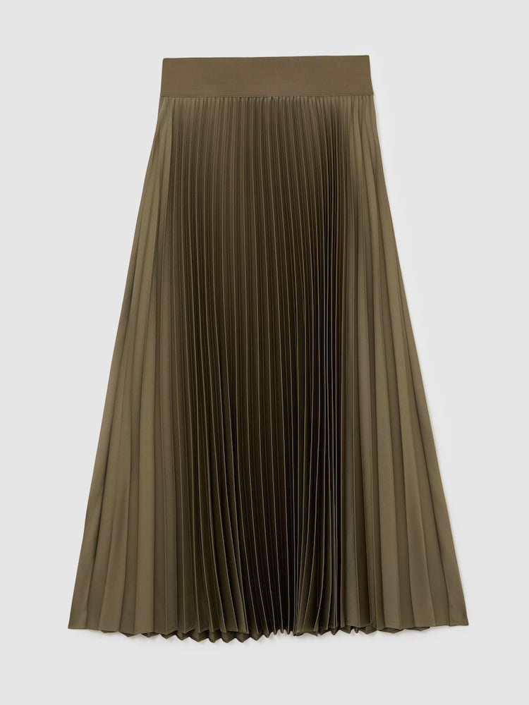 Reiss Khaki Green Seren Pleated Midi Skirt - Image 2 of 7