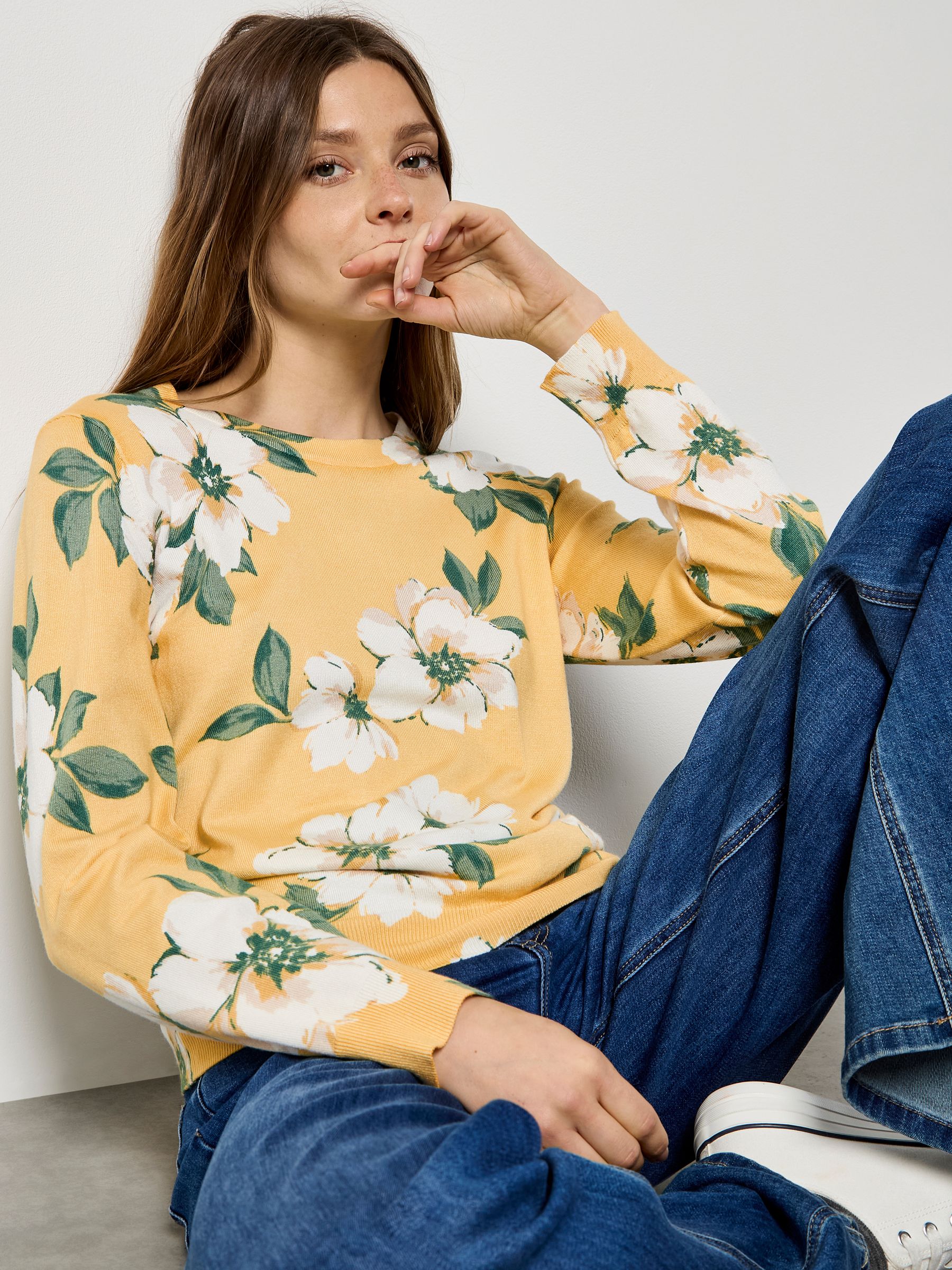 Buy Apricot Yellow Floral Print Fine Knit Jumper from the Next UK