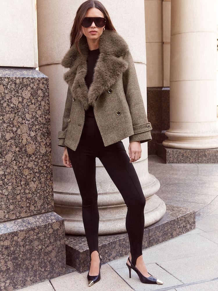 Lipsy Brown Herringbone Fur Collar Jacket - Image 2 of 2