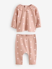 Mink Brown Long Sleeve Heart Print Frill Collar Set 2 Piece - Image 1 of 1