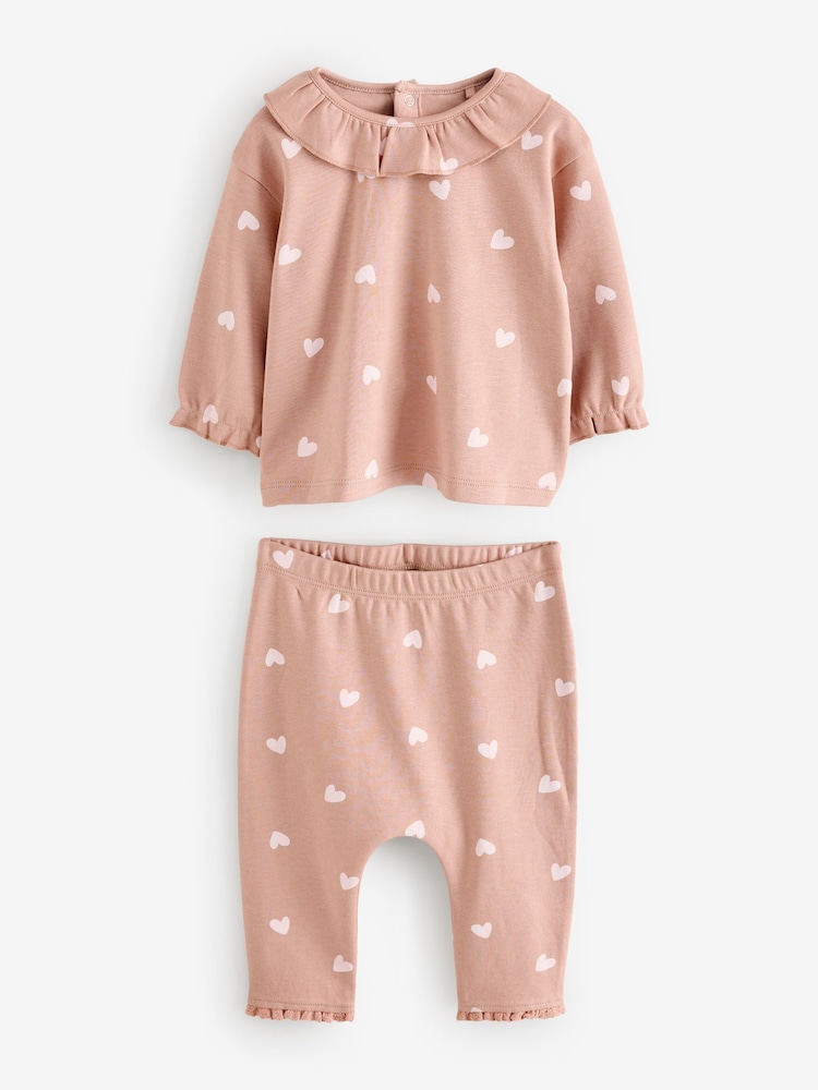 Mink Brown Long Sleeve Heart Print Frill Collar Set 2 Piece - Image 1 of 1