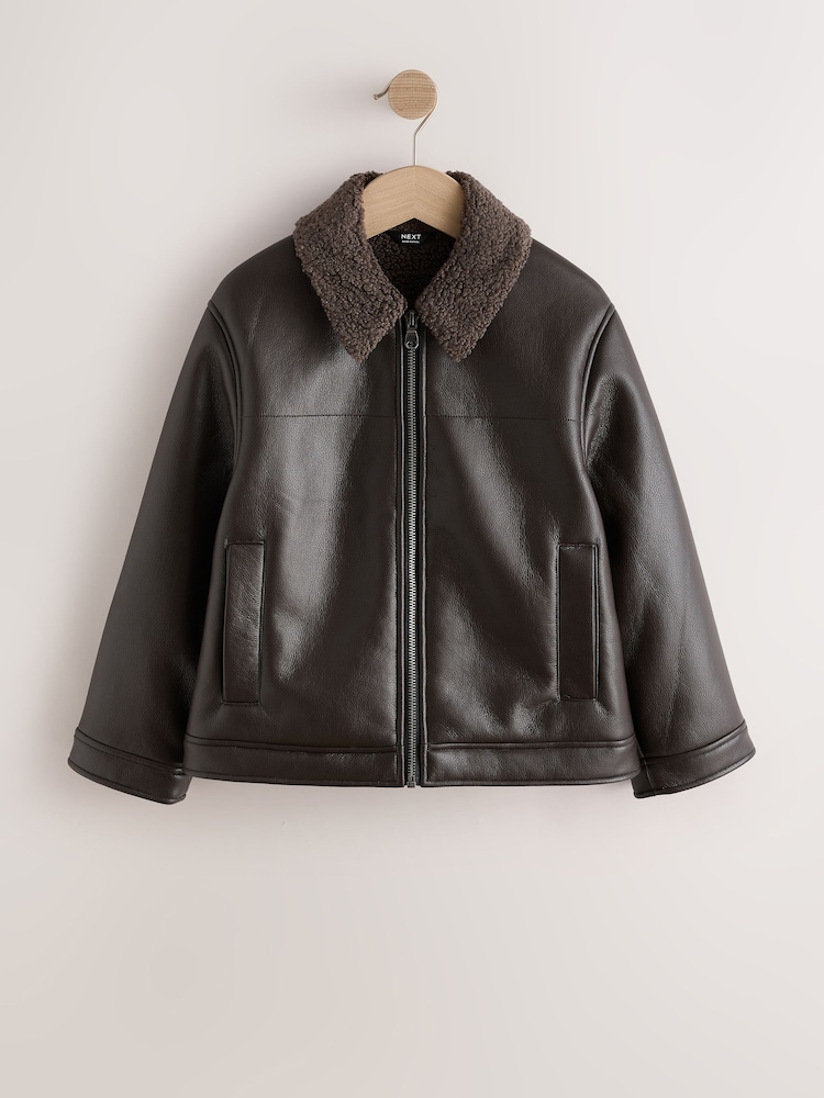 棕色 - Borg Collared Faux Leather Jacket (3-16yrs) - 圖片 1/5 棕色 - Borg Collared Faux Leather Jacket (3-16yrs) - 圖片 1/5