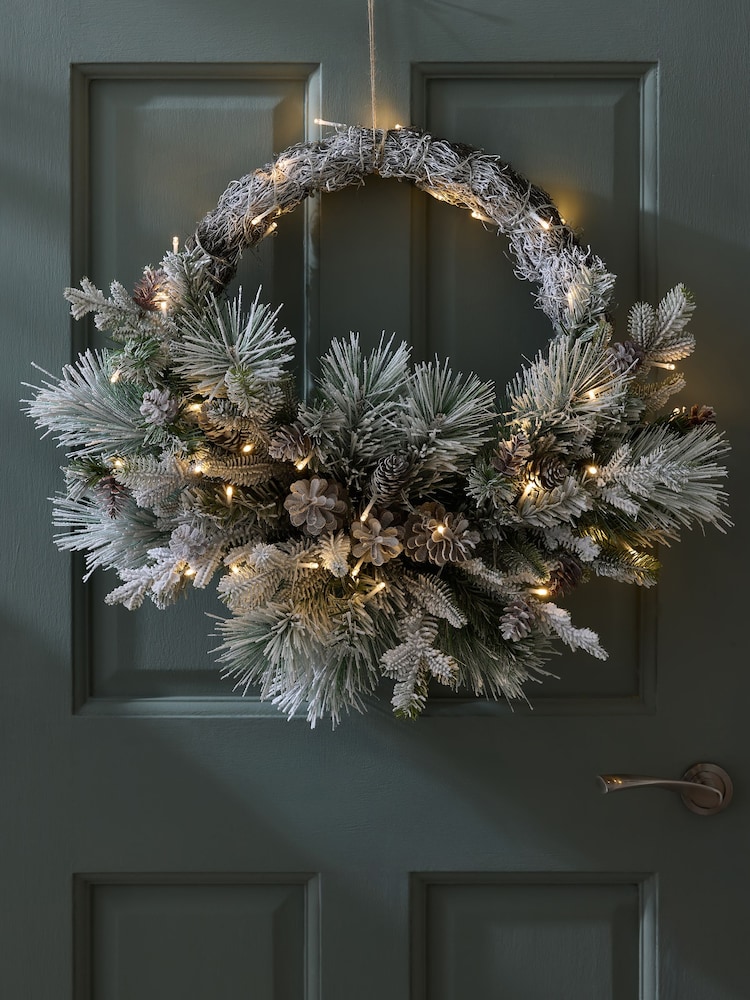 Green/White Artificial Light Up Snowy Christmas Wreath - Image 1 of 4