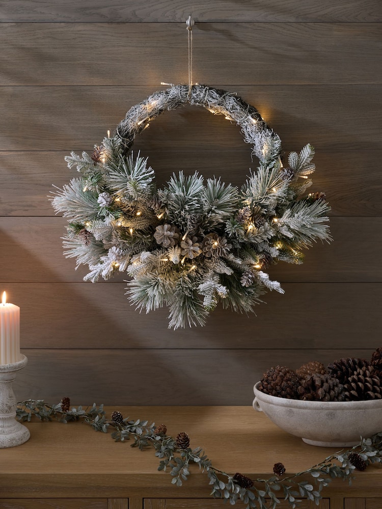 Green/White Artificial Light Up Snowy Christmas Wreath - Image 2 of 4