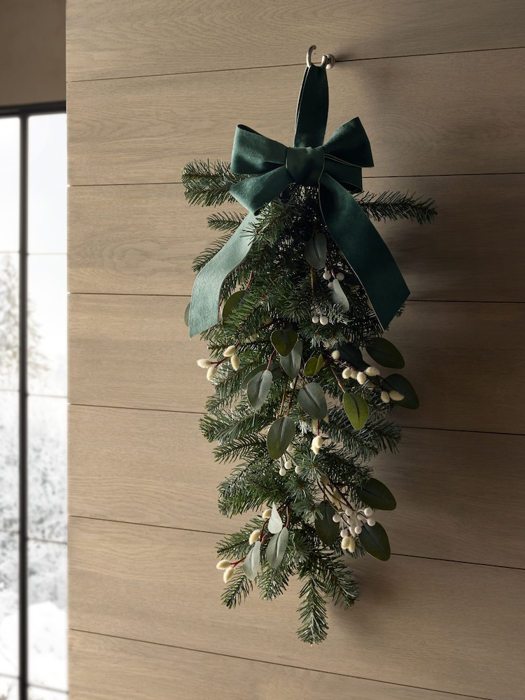 Green/White Artificial Light Up Christmas Swag Wreath with Bow - Image 1 of 3