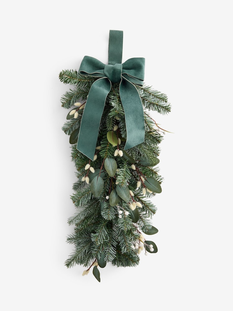 Green/White Artificial Light Up Christmas Swag Wreath with Bow - Image 3 of 3