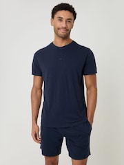 Threadbare Navy Grandad Pyjama Top & Shorts Set - Image 1 of 4