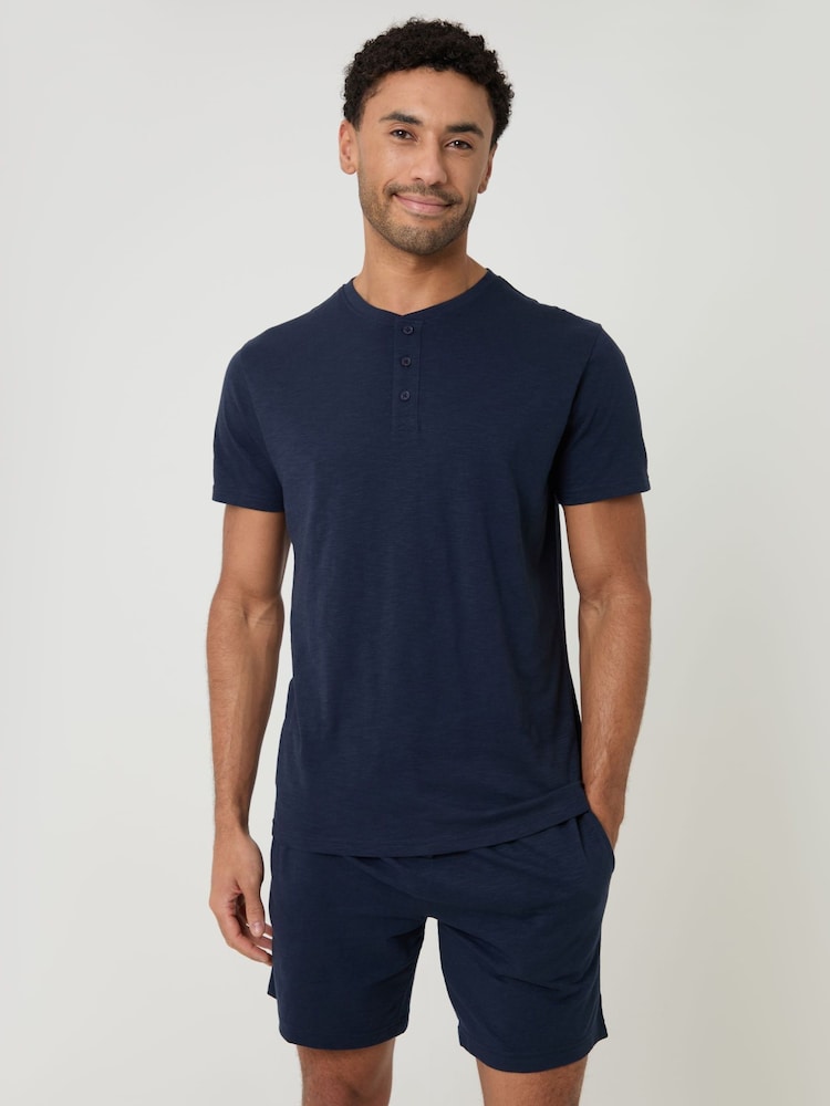 Threadbare Navy Grandad Pyjama Top & Shorts Set - Image 1 of 4