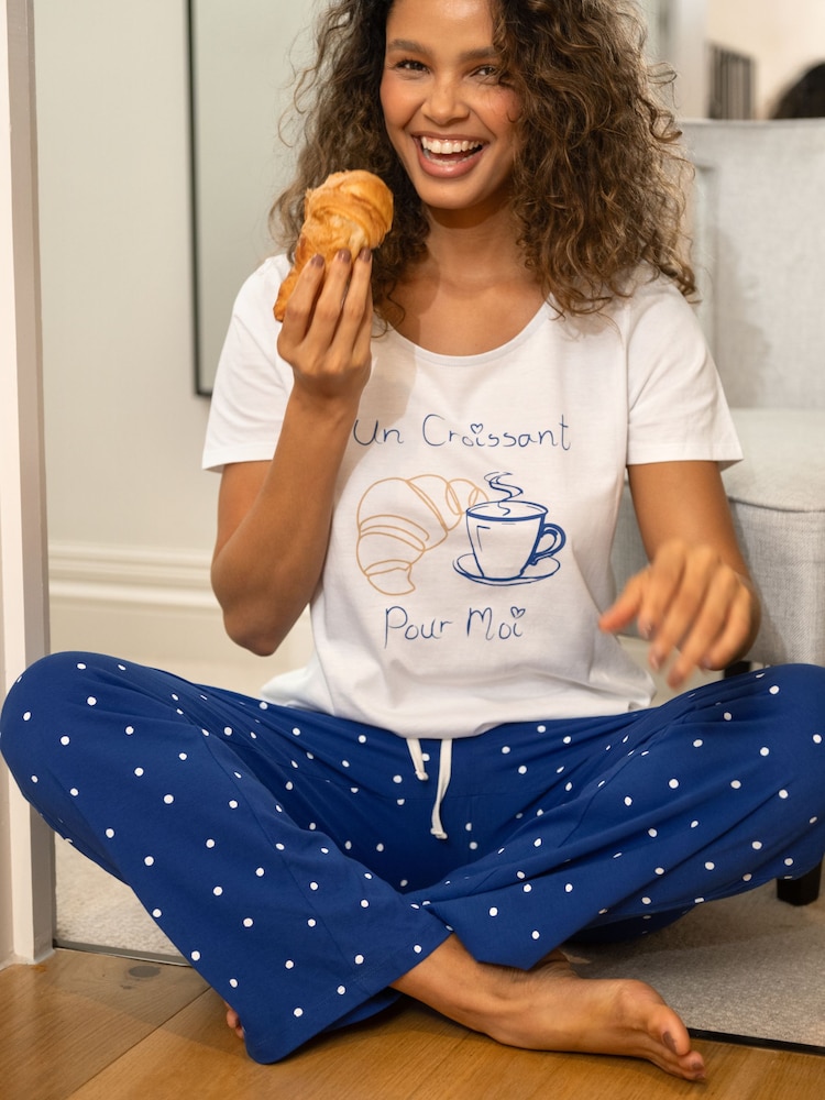 Pour Moi Blue Cotton Jersey Croissant Trouser Pyjamas Set - Image 1 of 4