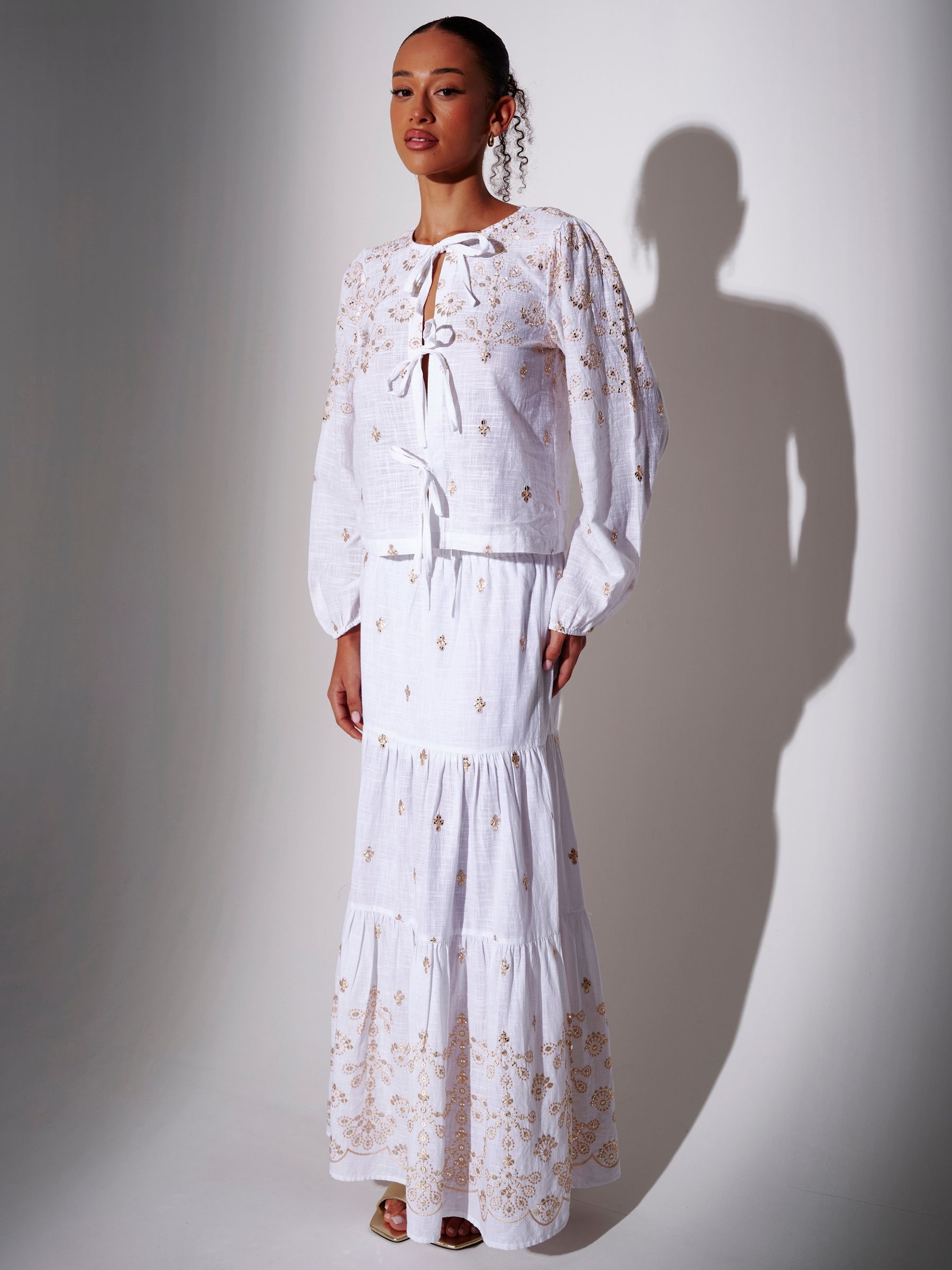Buy South Beach White Embroidered Mirror Disc Detail Tiered Maxi