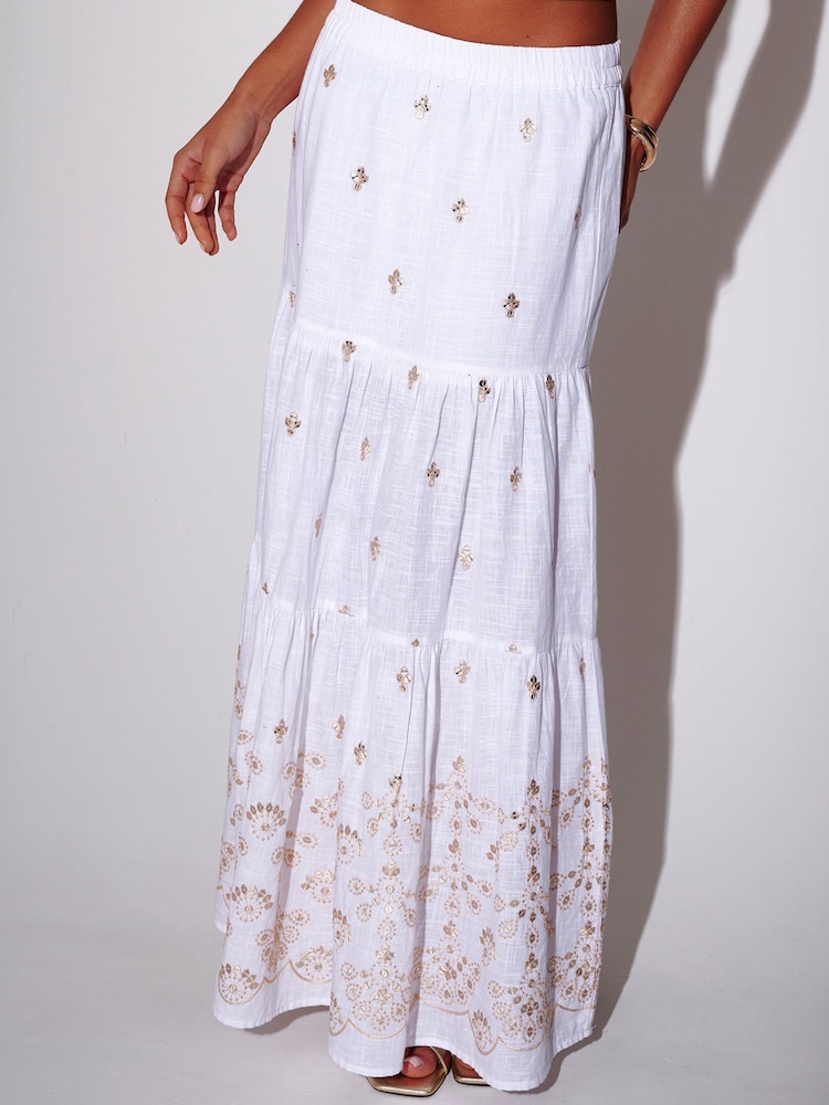 South Beach Embroidered Mirror Disc Detail Tiered Maxi Skirt - 6的图像6｝