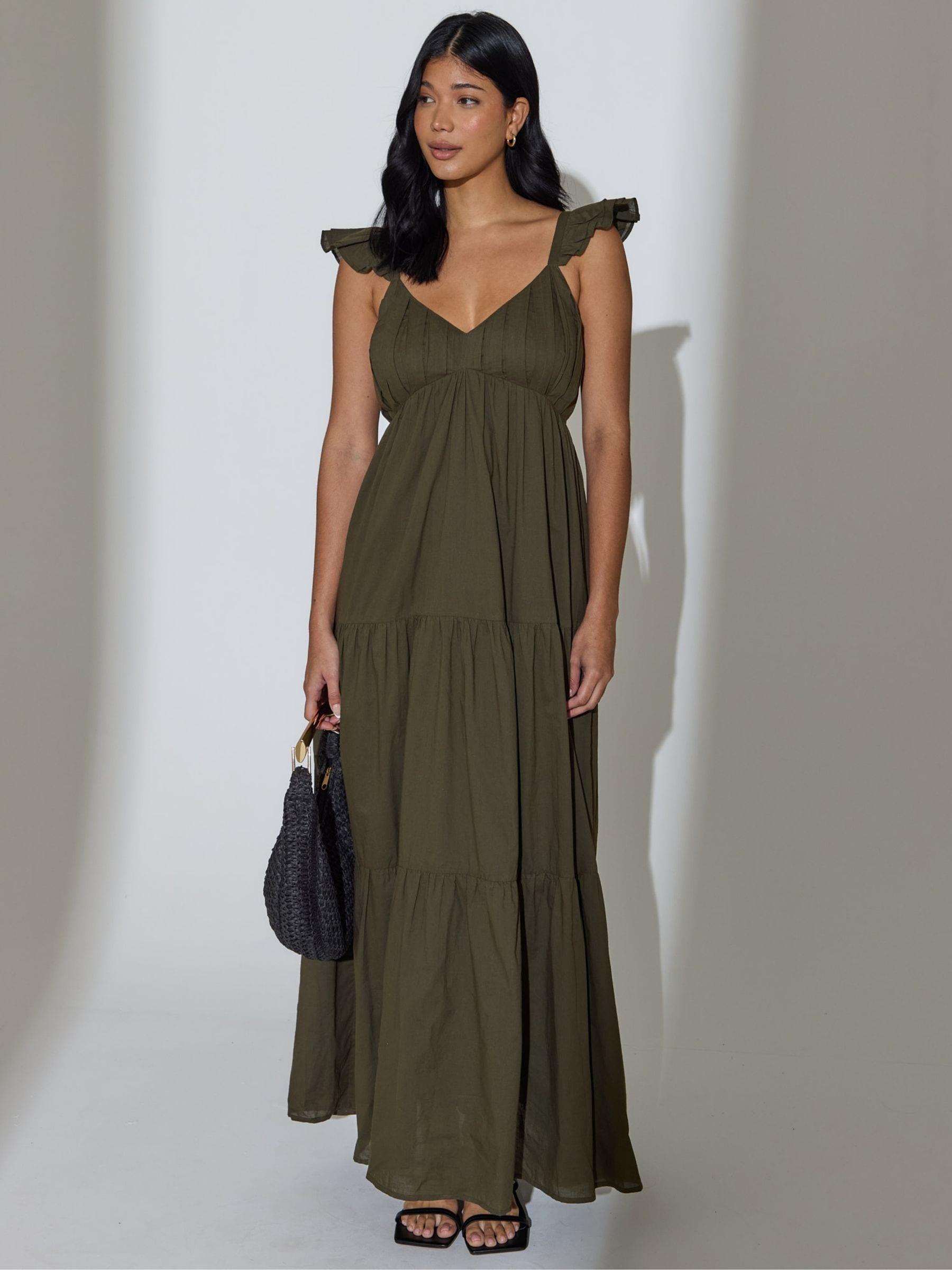 next tiered maxi dress Womens South Beach Green 100% Cotton Frill Sleeve Tiered Maxi Dress US 6