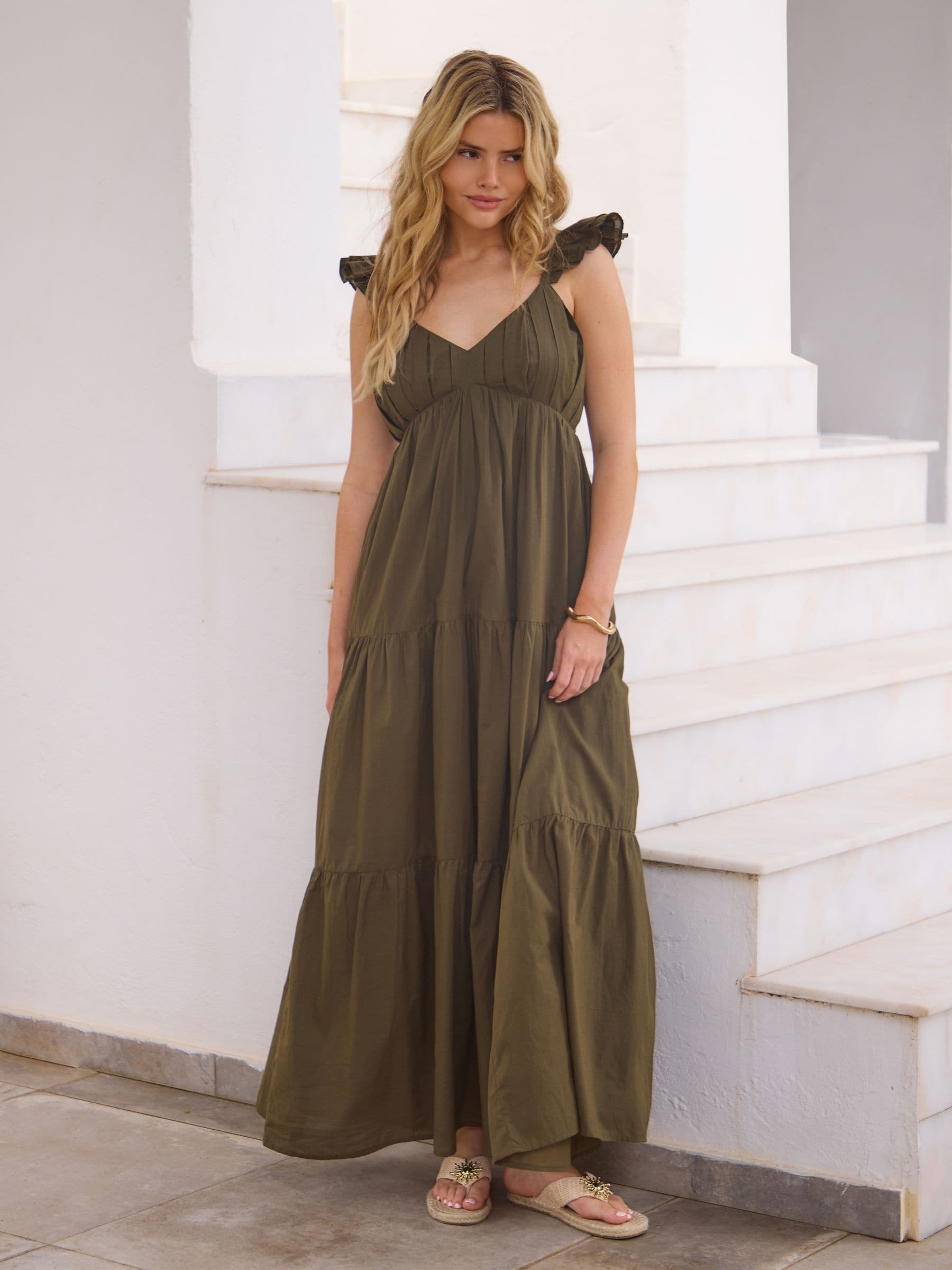 next tiered maxi dress Womens South Beach Green 100% Cotton Frill Sleeve Tiered Maxi Dress US 6