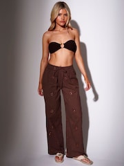 South Beach Brown Embroidered Starfish Wide Leg Beach Trousers - Image 1 of 6