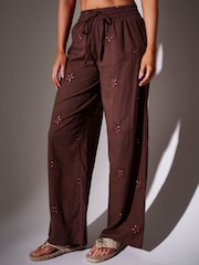 South Beach Brown Embroidered Starfish Wide Leg Beach Trousers - Image 3 of 6