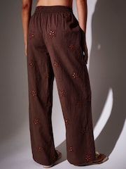 South Beach Brown Embroidered Starfish Wide Leg Beach Trousers - Image 4 of 6